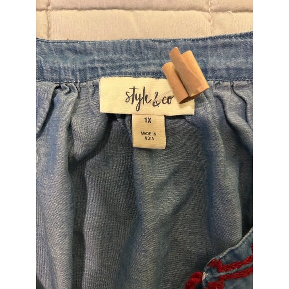 Style & Co Women's Embroidered Peasant Top Size 1X Blue Boho Tassel Tie Pullover - Picture 6 of 12